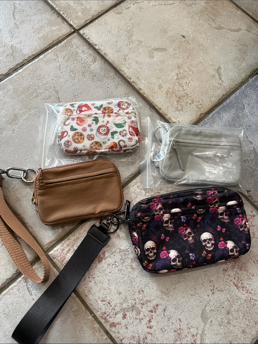 Iris and Rainbow wallets Skull & Floral Christmas, Gray and Carmel